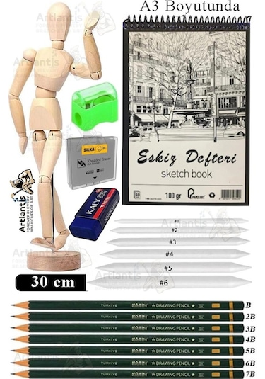 Ahşap İnsan Modeli 30 Cm A3 29,7 X 42 Cm Eskiz Defteri Dereceli Karakalem Seti Dağıtma Kalemi Hamur Silgi Kalemtraş