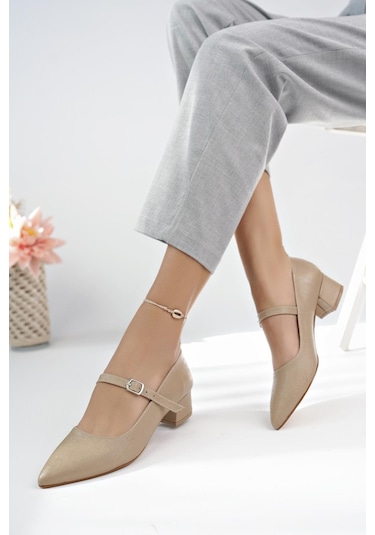 Büyük Numara Kadın Kalın Topuklu Ortadan Baretli Klasik Günlük Ayakkabı 001