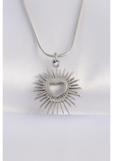 316l Çelik Zincir Gümüş Renk Kalp Güneşi Tasarımlı Kolye