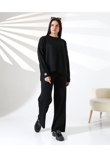Rahat Kalıp Kol Detaylı Triko Takım Siyah