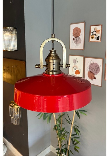 Açe Kırmızı Tekli Delikli Eskitme Başlık Avize Retro Sarkıt Ofis Showroom Salon Mutfak Avizeleri Kırmızı