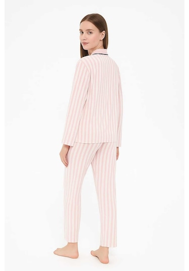 Çizgili Pembe Renk Gömlek Uzun Kol Pijama Takımı Pembe