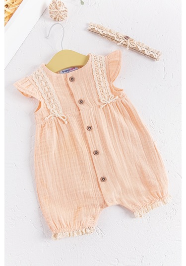 Düğmeli Bandanalı Kız Bebek Müslin Tulum Somon