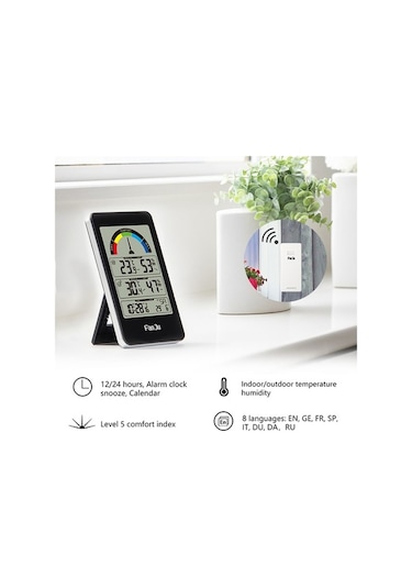 Supermarket1 Fanju Fj3356 Siyah Dijital İç/dış Sıcaklık-nem Ölçer, Duvar Montajlı Hava Durumu Saati, Alarm Ve Trend Göstergeli