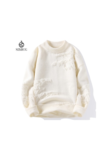 Erkek Sonbahar Ve Kış Düz Renk Kalın Yuvarlak Yaka Kazak Beyaz