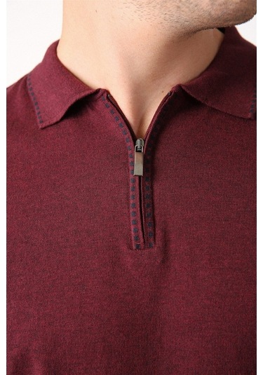 Ferraro Bordo Polo Yaka Fermuarlı Erkek Pamuk Kazak Bordo