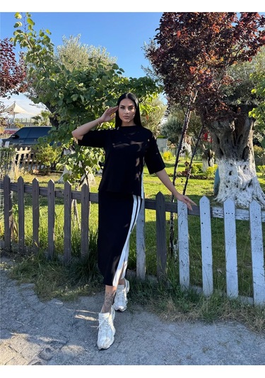 Siyah Polyester Keten Çizgili Yandan Takım Siyah