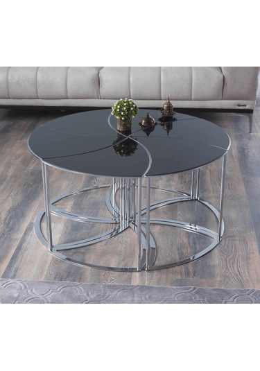 Premium Modern Yuvarlak Sehpa 6 Lı Takım 100 48 Cm Siyah Cam Bronz Ayaklı