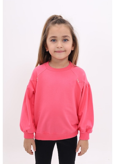 Toontoy Kız Çocuk Relax Fit Bisiklet Yaka Büzgülü Reglan Kol Sweatshirt - 2 İplik Fuşya