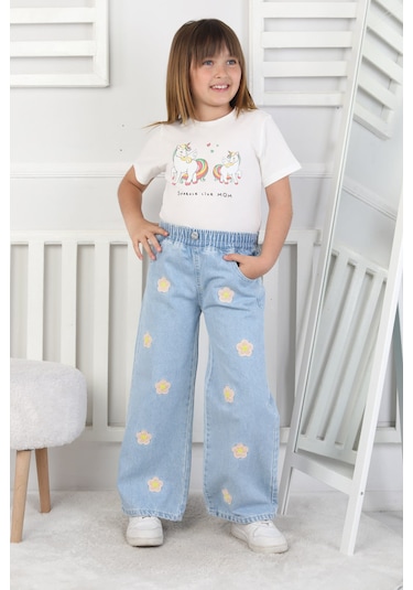 Moonch Kız Çocuk Çiçek Nakışlı Geniş Paça Jean Pantolon Mavi