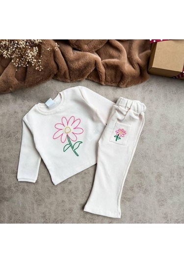 Kız Çocuk Gofre Kumaş Papatya Çiçek Nakışlı Alt Üst Takım Ekru