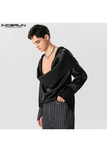 Incerun Salıncak Yaka Erkek Hollow Out Uzun Kollu Saten Üstler Bej