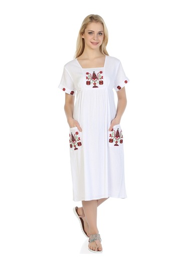 Kısa Kol Şile Bezi Melek Midi Boy Elbise Beyaz Byz Beyaz