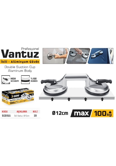 Sgs955 - 100 Kg İkili Alüminyum Cam Seramik Fayans Ahşap Tutma Taşıma Vantuzu 12cm + 12cm