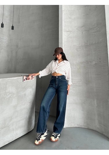 Palazzo Bıyık Enzim Yıkama Jeans Pantolon Koyu Mavi D2008 Mavi