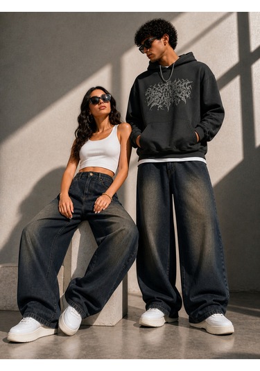 St.poll Eskitme Vintage Yıkama Unisex Baggy Jeans Pantolon Eskitme Kahve