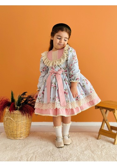 Mavi Çiçekli Önü Fiyonklu Vintage Elbise, Özel Dikim Çocuk Elbisesi, Doğum Günü Elbisesi,0-12 Yaşa Uygun Mavi