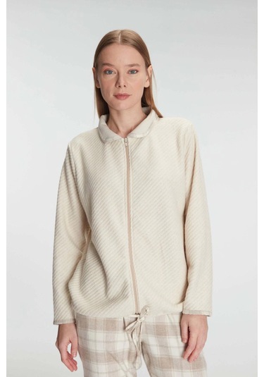 Fermuarlı Uzun Kol Sweatshirt Pantolon Takım Viskon Ve Pamuklu Pijama Takımı Ten