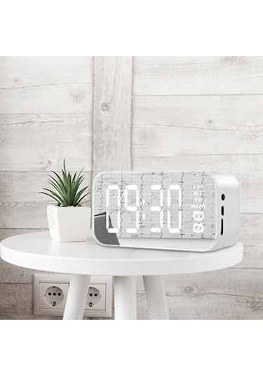 Yifomall Beyaz Mini Bluetooth Hoparlör - Fm Radyo, Çift Alarm, Ayna Fonksiyonu, 12/24 Saat Gösterimi, Usb Şarjlı