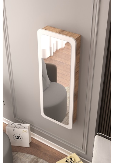 Lune Takı Dolabı Aynalı Çok Amaçlı Hediyelik Takı Dolabı Atlantik Çam Gövde Beyaz Kapak