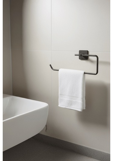 Siyah Yapışkanlı Solo Havluluk Kare Topuzlu, Yapıştır/vidala Montajlı Metal Banyo Askısı - S-110 - Kts Siyah