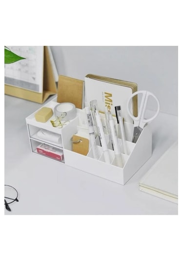 Office 2 Çekmeceli Masa Üstü Düzenleyici - Ofis Kalemlik Bölmeli Beyaz