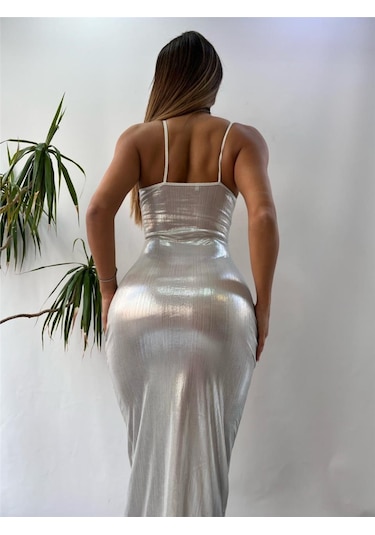 Pink Life Beyaz Pu Faux Lame Tokalı Elbise-Beyaz