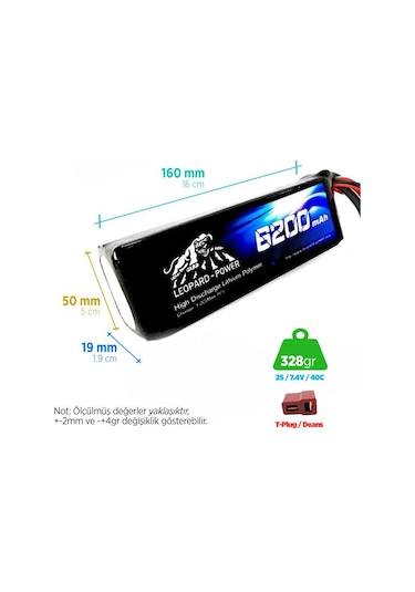 Leopard Power 6200 mAh 7.4V 2S 40C Lityum Polimer Lipo Batarya Pil T Plug