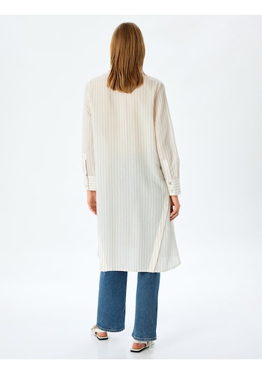 Koton Çizgili Gömlek Yaka Uzun Kollu Oversize Midi Tunik Elbise Kahverengi Çizgili 5sak80063uw 5s5