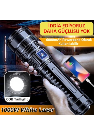 Valkyrie Ultra Güçlü Yüksek Parlaklık M80 Led Şarjlı El Feneri 6000mah Powerbank Siyah