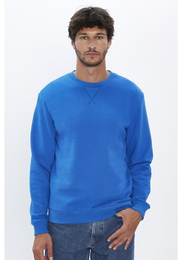 Unisex Relax Fit Rahat Kesim %100 Pamuk Basic Saks Mavi Bisiklet Yaka Sweatshirt-31743-saks Mavi Saks Mavi