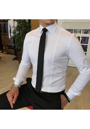 Italyan Stil Slim Fit Erkek Kravat Yaka Gömlek Beyaz T4775