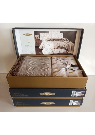 Kristal Çift Kişilik Dekoratif Yatak Örtüsü Seti Leaf Kahve Kahverengi