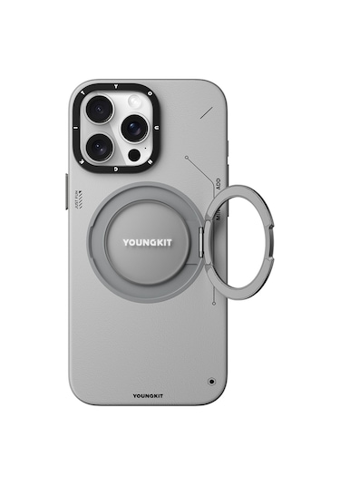 iPhone Uyumlu 15 Pro Kılıf Magsafe Şarj Özellikli 360 Standlı Deri Desenli Youngkit Tech Leather Serisi Gri