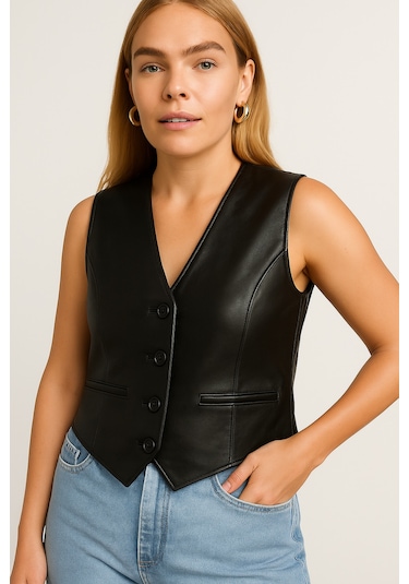 Hakiki Deri Siyah Kadın Yelek Siyah