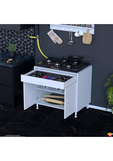 Modilayn Qplas Xxxl Set Ocak Altı Dolap 80x88x48 Cm Çekmeceli, Kapaklı 2 Göz Raf Bölmeli Beyaz