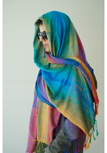 Pashmina Şal - Gökkuşağı Kadın Şal - %100 Paşmina Yünü Saks Mavi