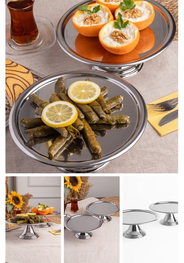 2'li Gümüş Yuvarlak, Ayaklı Şık Kek, Pasta, Kurabiye Ve Tatlı Servis Sunum Standı Gümüş