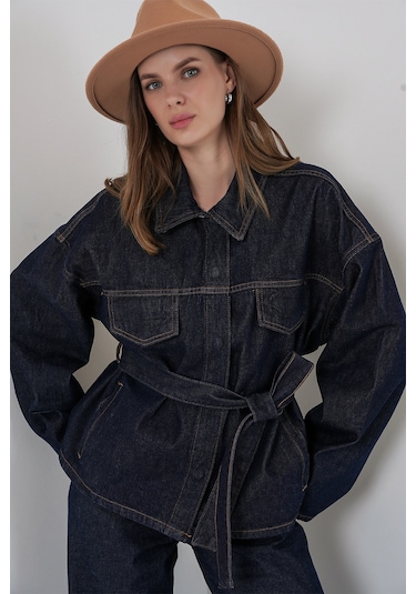 Kadın Ceket Pantolon Kot İkili Takım 30059 - Koyu Mavi Koyu Mavi