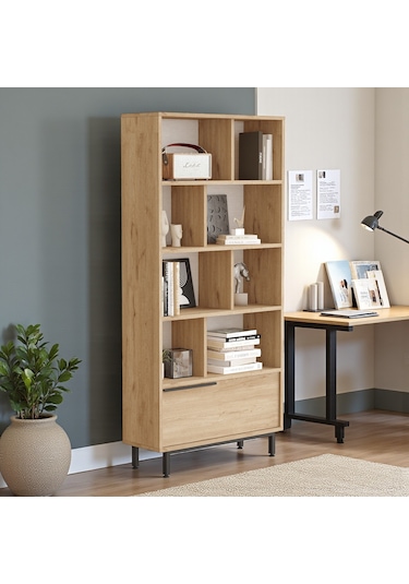 Robin Home Dekoratif Kitaplık Raf Metal Ayaklı 176cm Kapaklı Sepet Kahverengi