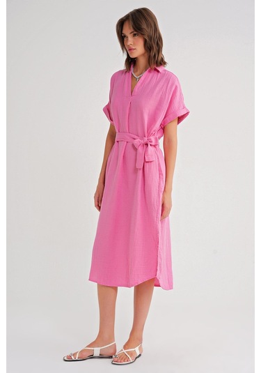 4720 Kadın Pile Detaylı Bağlamalı V Yaka Müslin Elbise Pembe Pembe