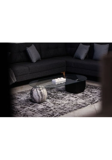 Top Sehpa & Küre Sehpa Oval Cam Orta Sehpa - Diana Traverten Desen & Siyah Zar