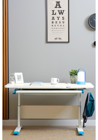 Vega Basic Yükseklik Ve Eğim Ayarlı Ekru Çalışma Masası, Çekmeceli Bilgisayar Ve Ofis Masası, Mavi Gri