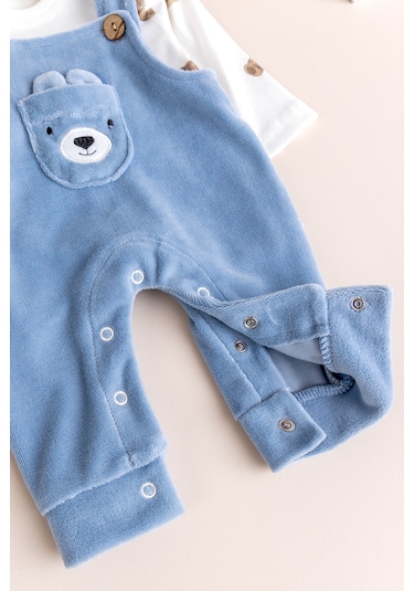 Fiğürlü Kışlık Kadife Erkek Bebek Salopet Tulum Set mavi