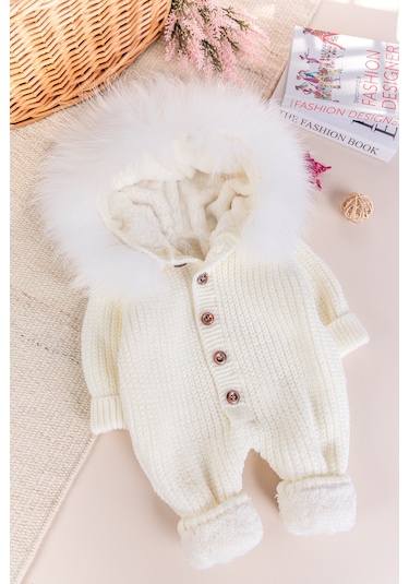 Triko Örgü Kışlık İçi Welsoft Astarlı Kapüşonlu Kız/erkek Bebek Tulum Krem