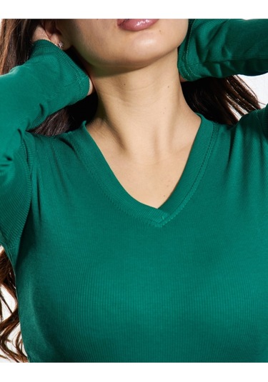 Pamuklu Kaşkorse V Yaka Body Sweatshirt, Fitilli Kumaş Likralı Bluz, Asker Yeşili Badi Çimen Yeşili