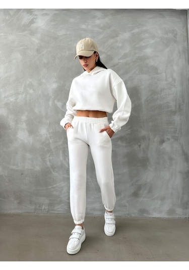 Kadın Pamuklu İçi Polarlı Basic Eşofman Takımı Beyaz