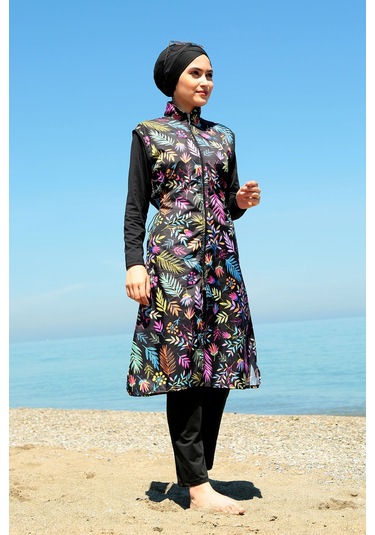 Tam Kapalı Tesettür Mayo Deniz Mayosu Renkli Çiçekler Td21-249 Siyah Siyah
