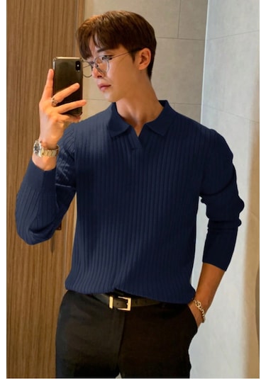 Cool Tarz Erkek Polo Yaka Triko Kazak Slim Fit Fitilli Lacivert