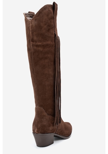 Rios Kahverengi Hakiki Deri Süet Püsküllü Kadın Kalın Topuklu Çizme Kahverengi
